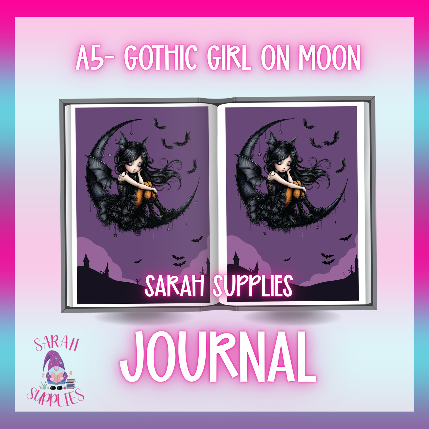 A5 - Gothic Girl On Moon Sublimation Journal - Refillable - Bookmarked