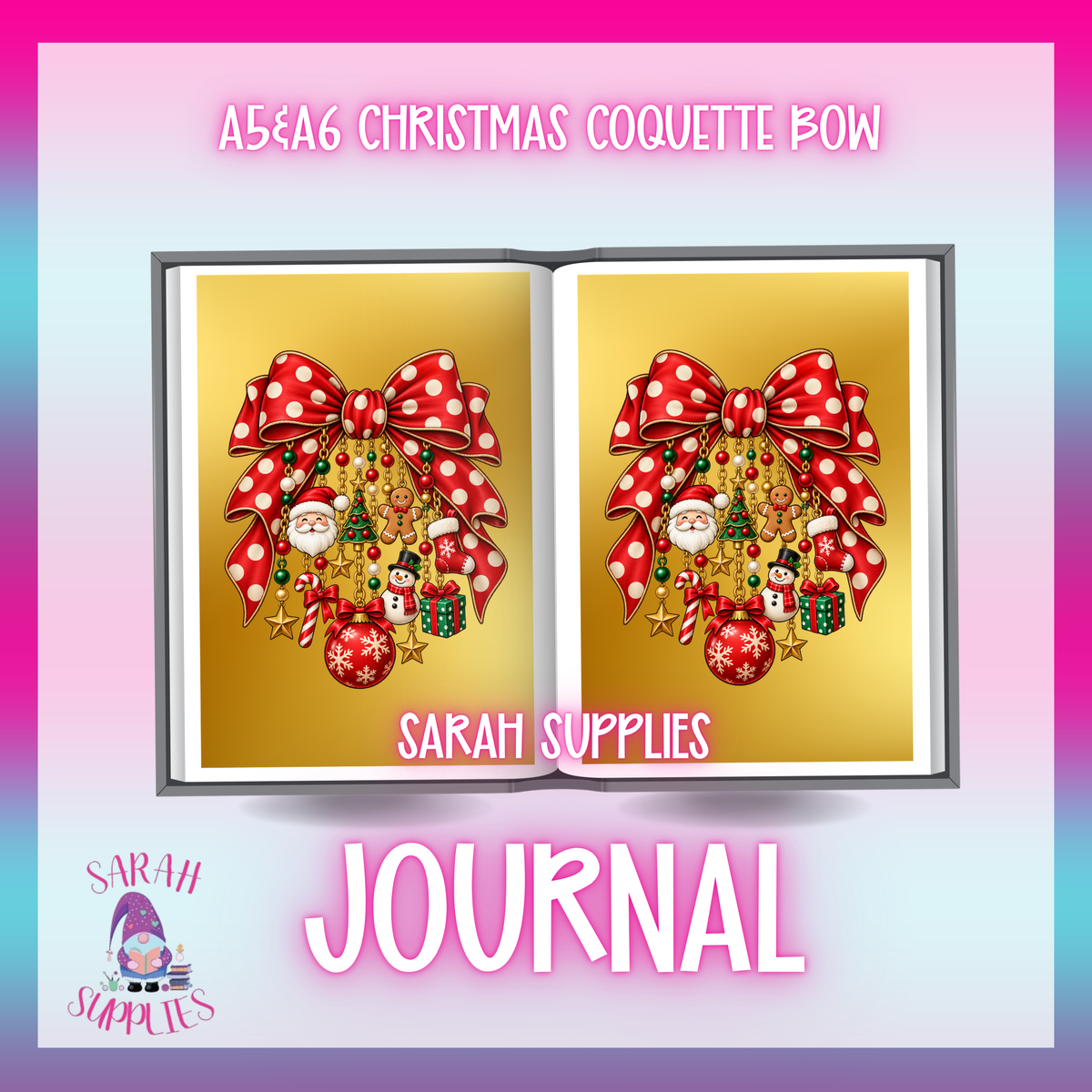 A6 - Christmas Coquette Bow Sublimation Journal - Refillable & Bookmarked