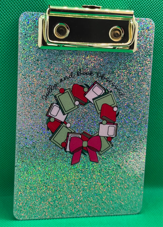 Mini Clipboards - Glitter Silver w/ Book Wreath