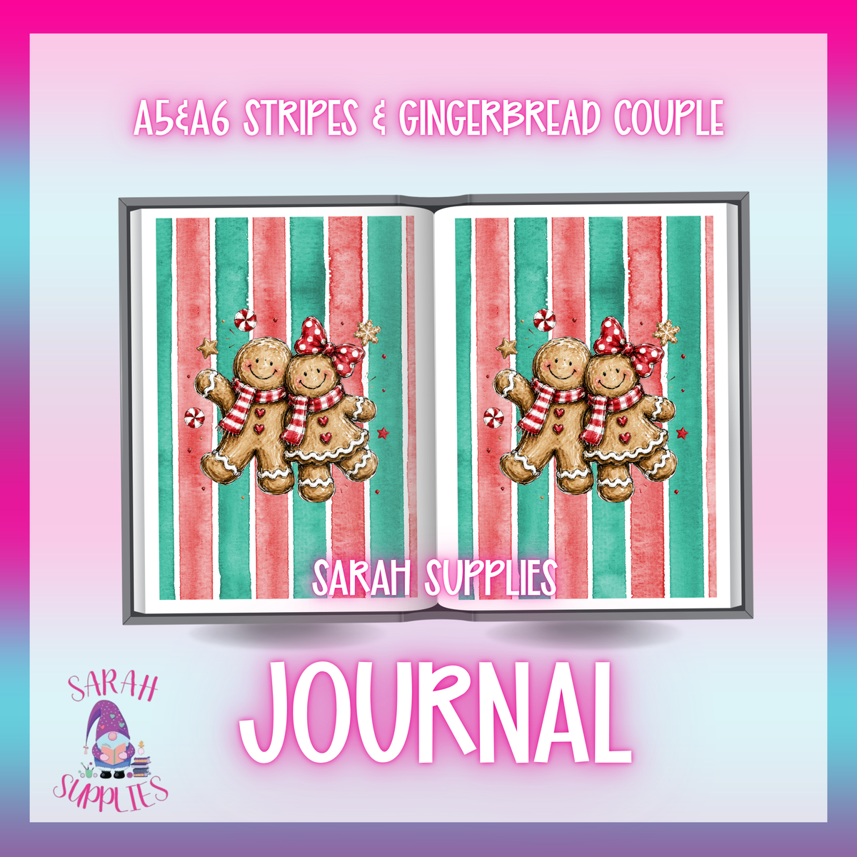 A5 - Stripes Gingerbread Couple Sublimation Journal - Refillable - Bookmarked