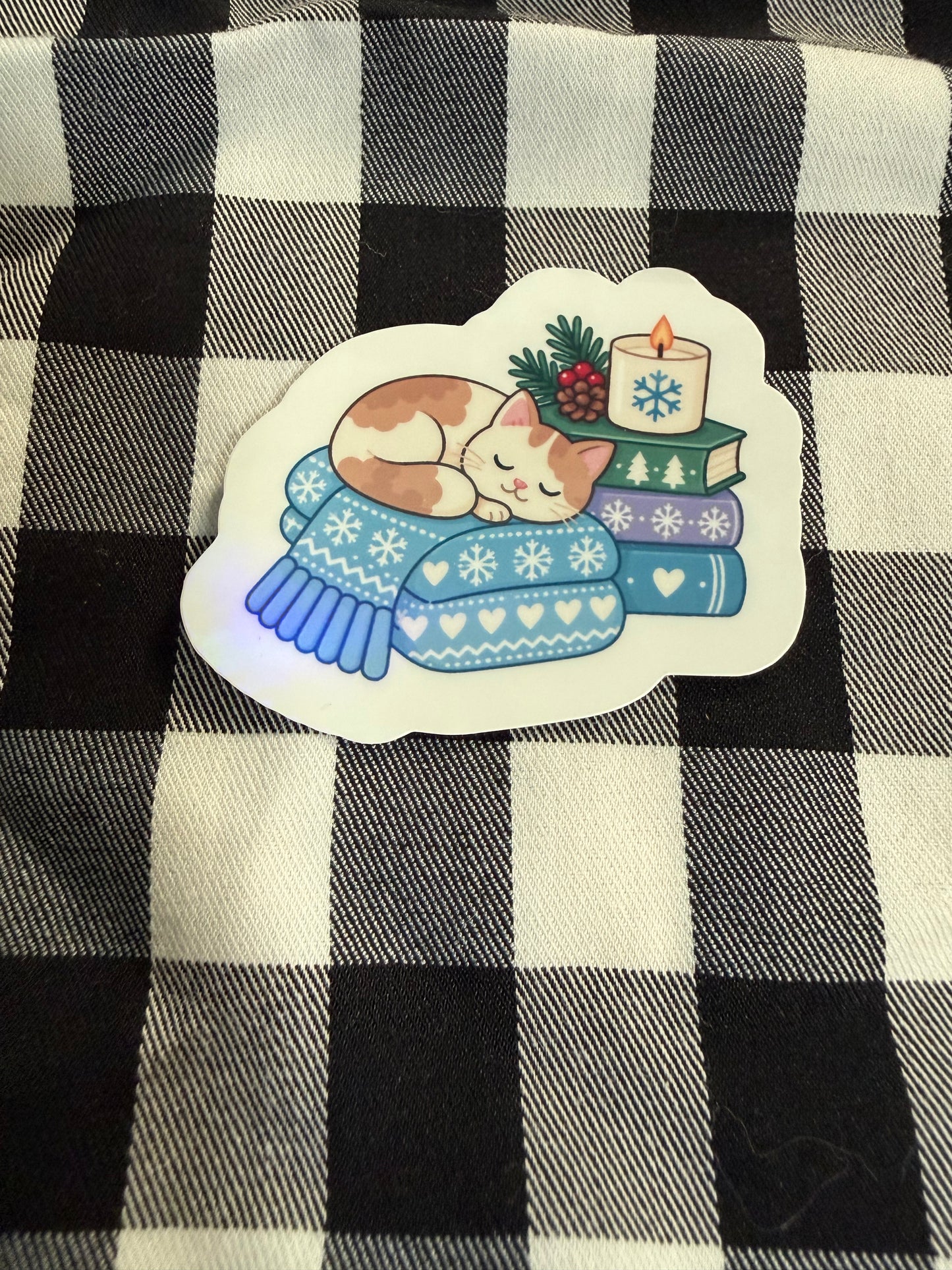Holographic Stickers - Winter Cat On Books