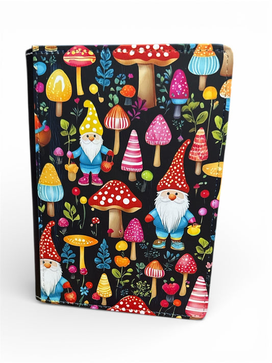 Patterned sublimination journal with gnomes and mushrooms on a black background